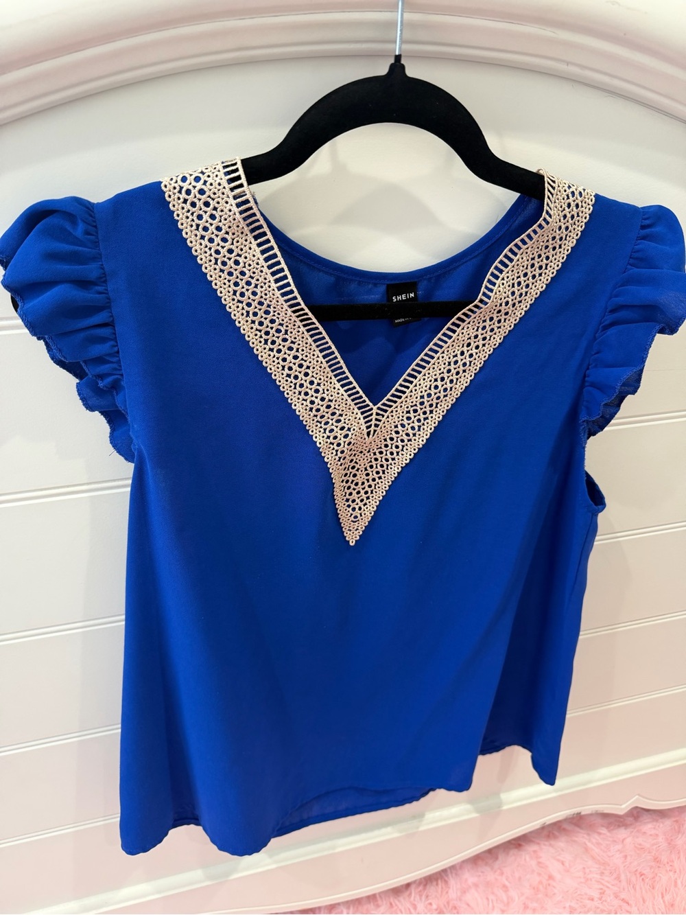 SHEIN Cobalt Blue V-Neck Blouse with Cream Lace Trim